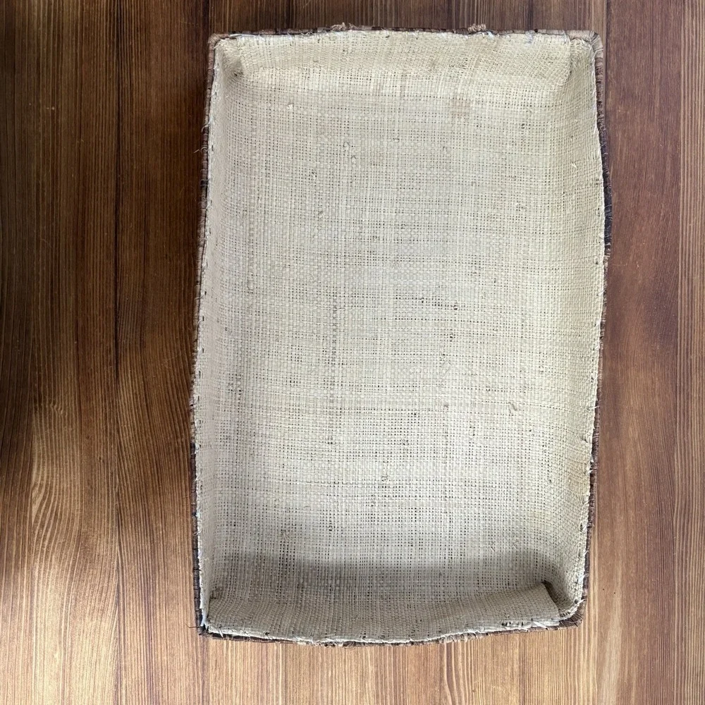 Vintage Rustic Bark Look Decorative Basket Tray Floral Trim Burlap Lined Decor